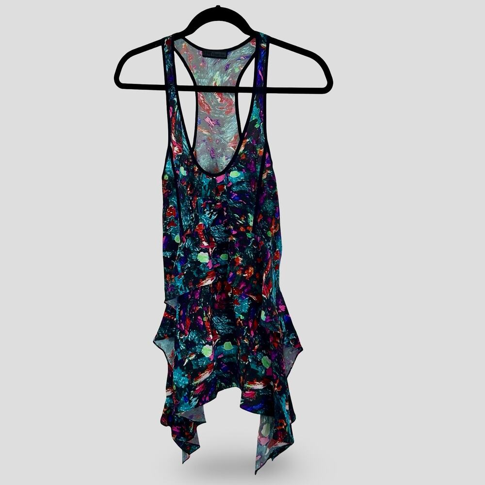 LOVE Richard Chai Black Abstract Floral Silk Ruffle Tiered Asymmetric Tank Top 2